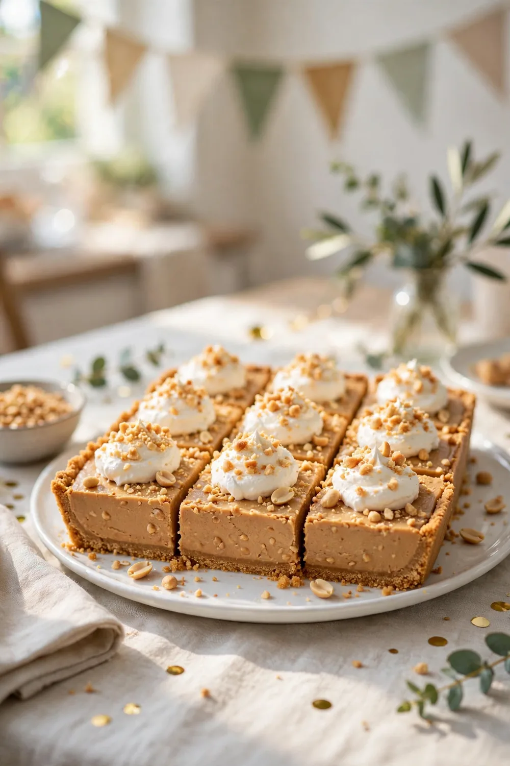 Peanut butter dessert cut into neat squares with whipped cream dollops