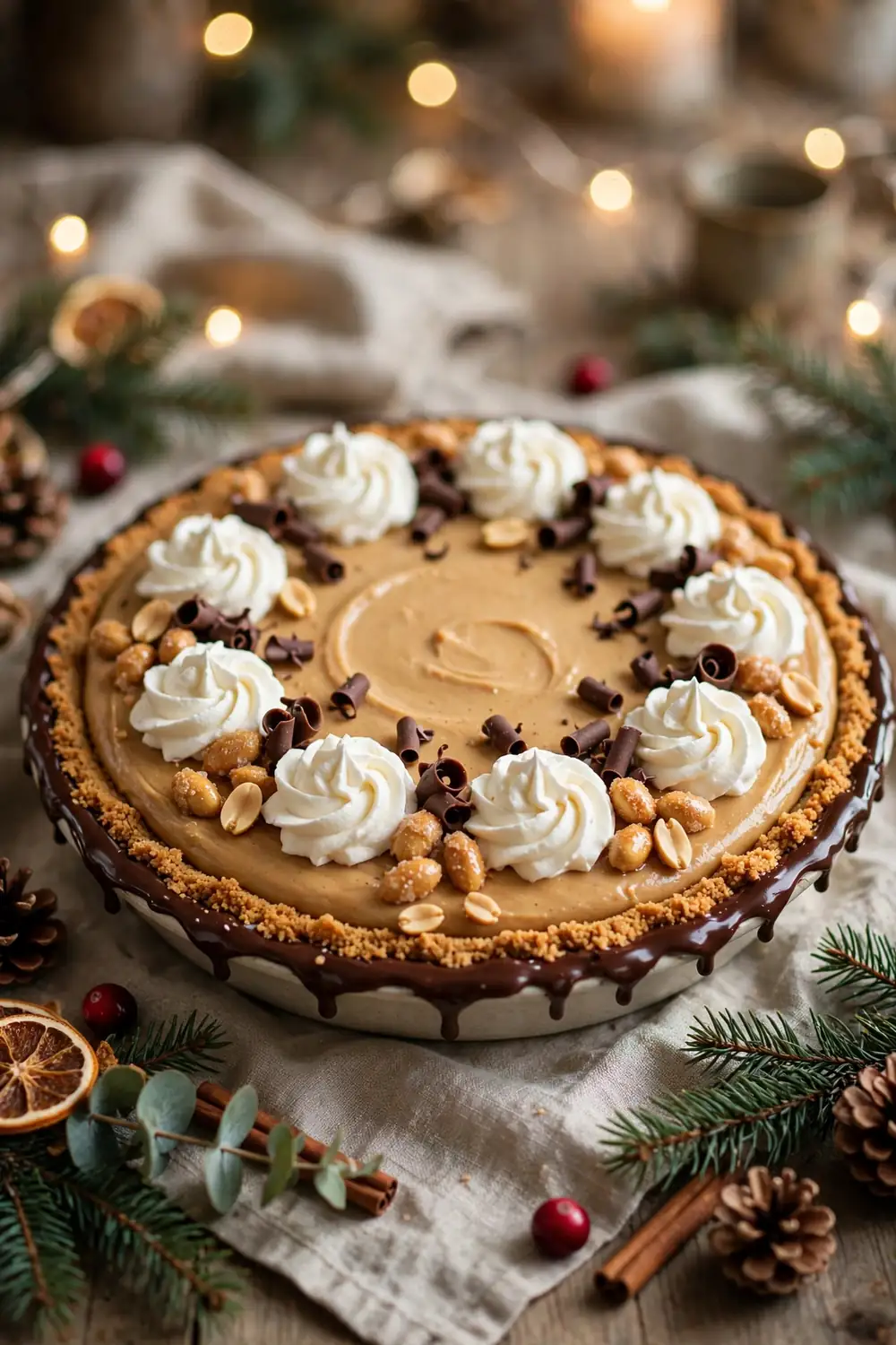 Whole peanut butter dessert with chocolate curls, candied peanuts, and whipped cream