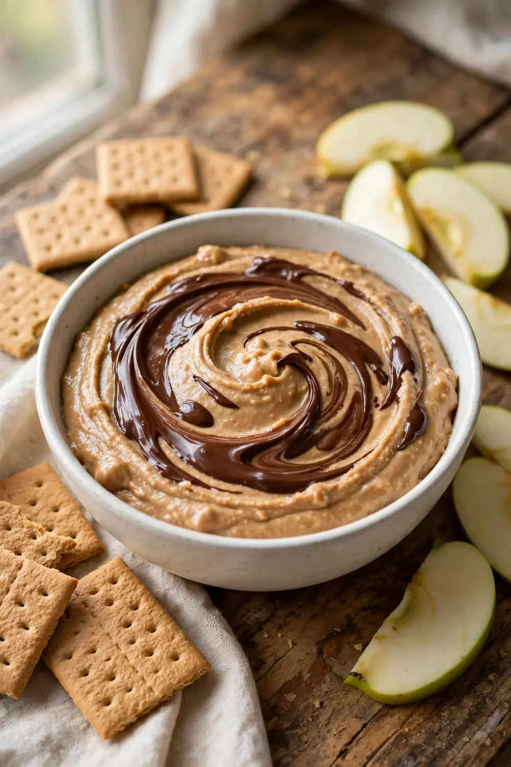 Creamy peanut butter brownie batter swirled with melted chocolate in a white bowl