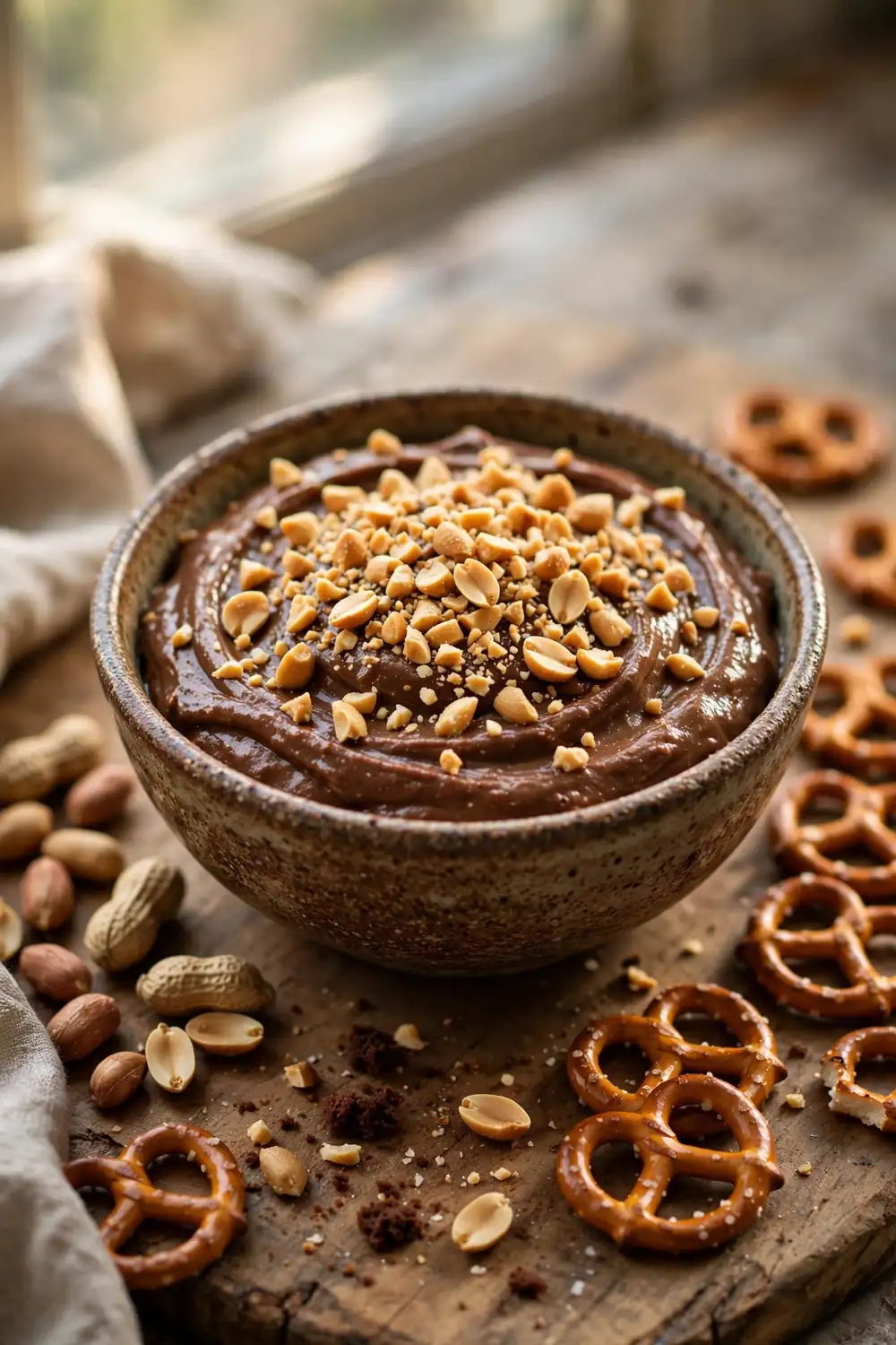 Peanut butter brownie batter topped with toasted chopped peanuts in a rustic bowl