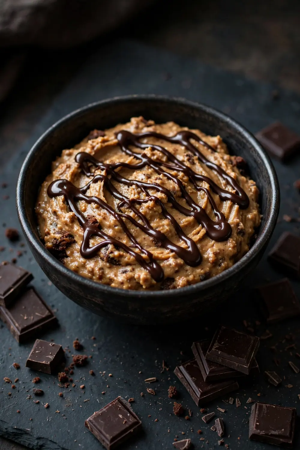 Peanut butter brownie batter with dark chocolate fudge swirls in a serving bowl