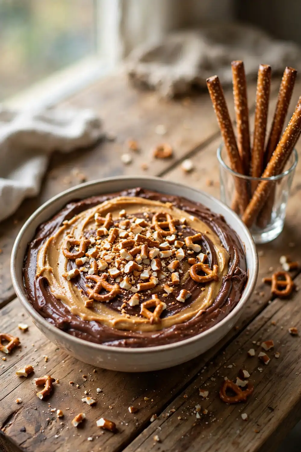 Peanut butter brownie batter with crushed pretzels and pretzel rods for scooping