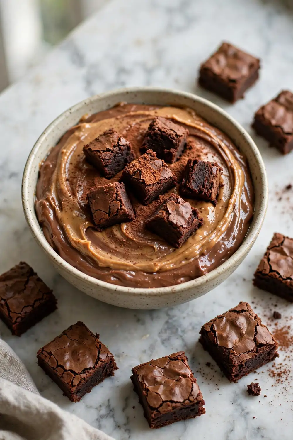 Peanut butter brownie batter loaded with fudgy brownie chunks in a bowl
