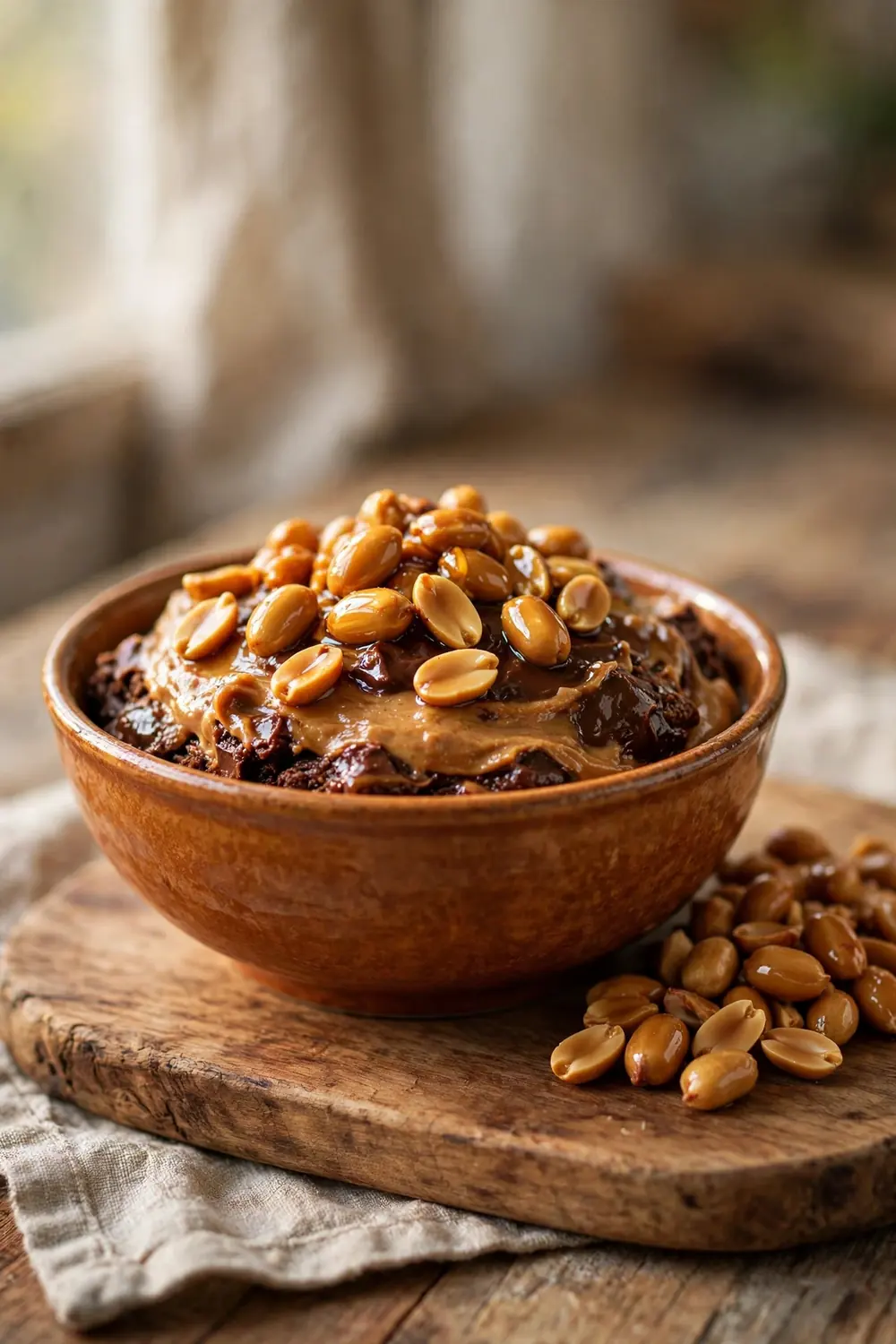 Peanut butter brownie batter topped with honey roasted peanuts in a bowl
