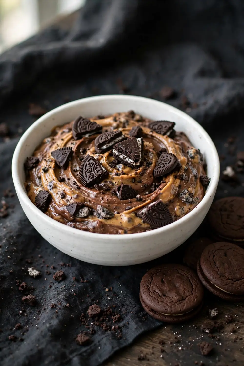 Peanut butter brownie batter with crushed chocolate sandwich cookies folded through