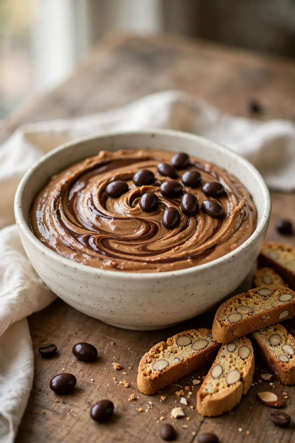 Peanut butter brownie batter with espresso swirl and chocolate covered espresso beans