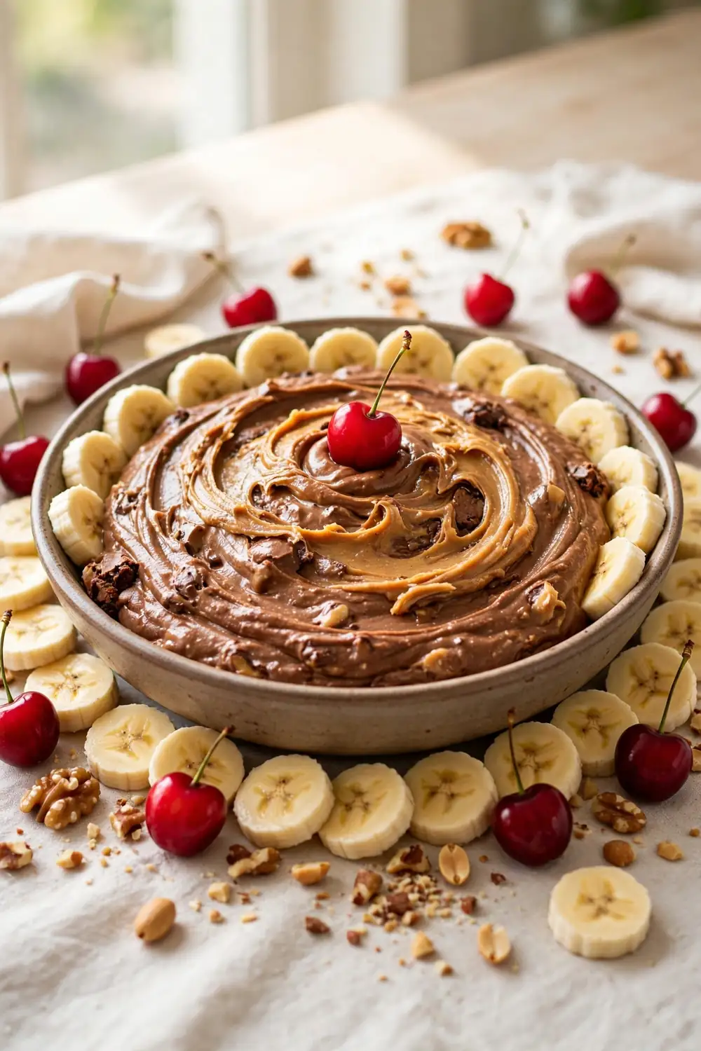Peanut butter brownie batter with banana slices, cherries, and chopped nuts around the bowl
