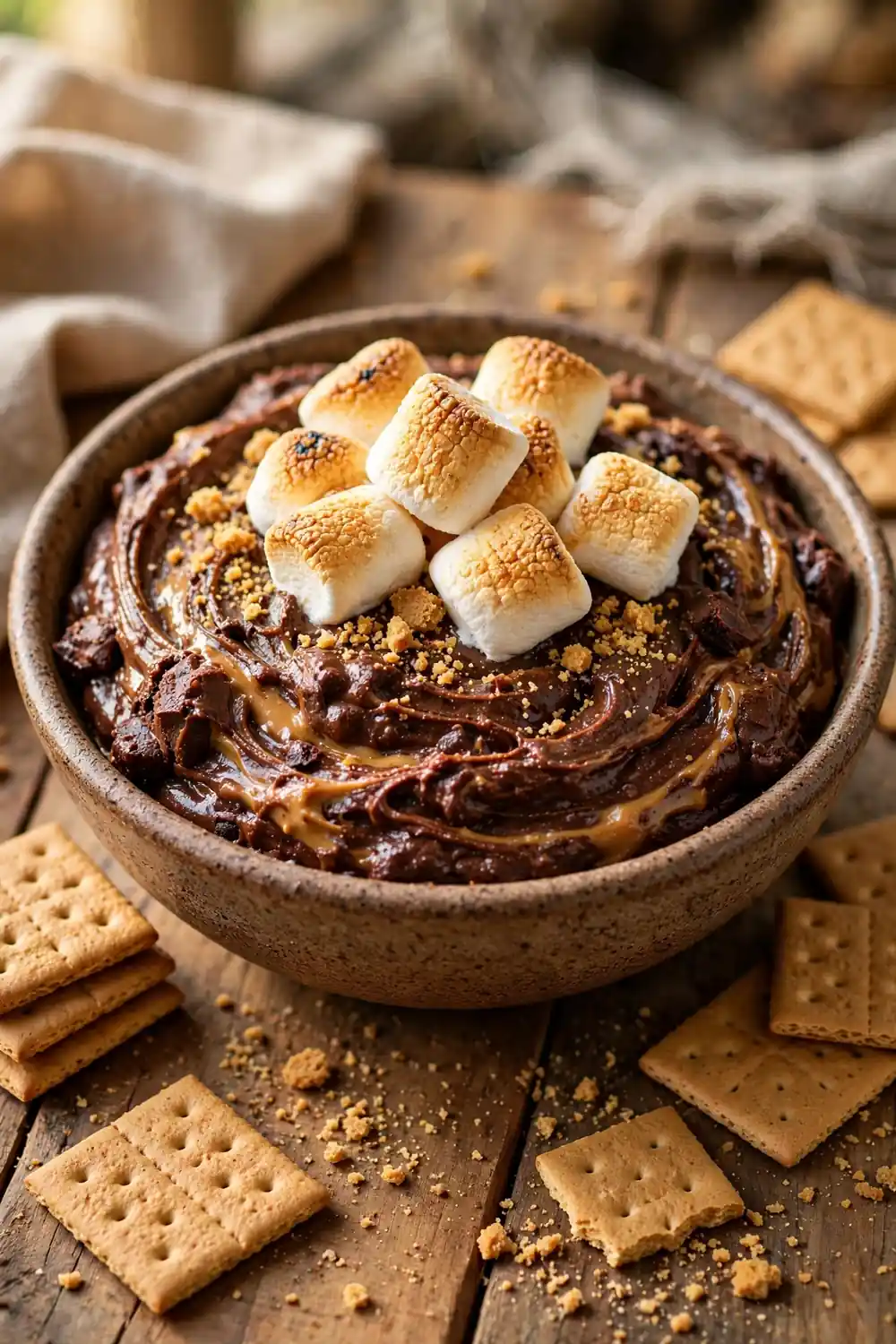 Peanut butter brownie batter with toasted marshmallows and graham cracker crumbs