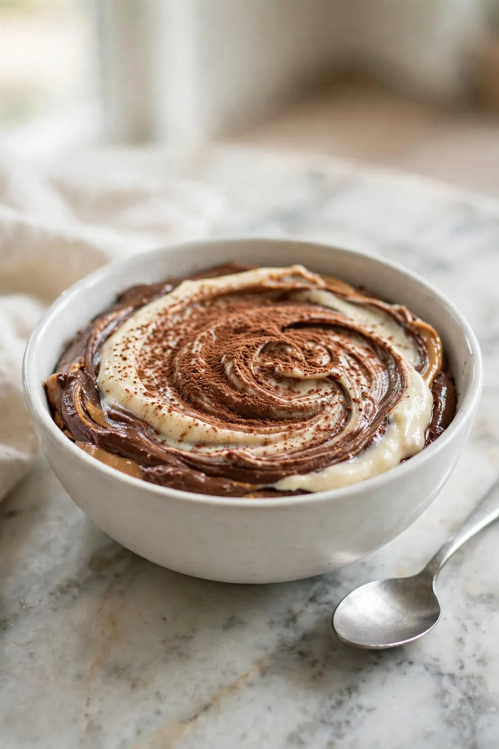 Peanut butter brownie batter with white cream cheese marble swirls in a bowl