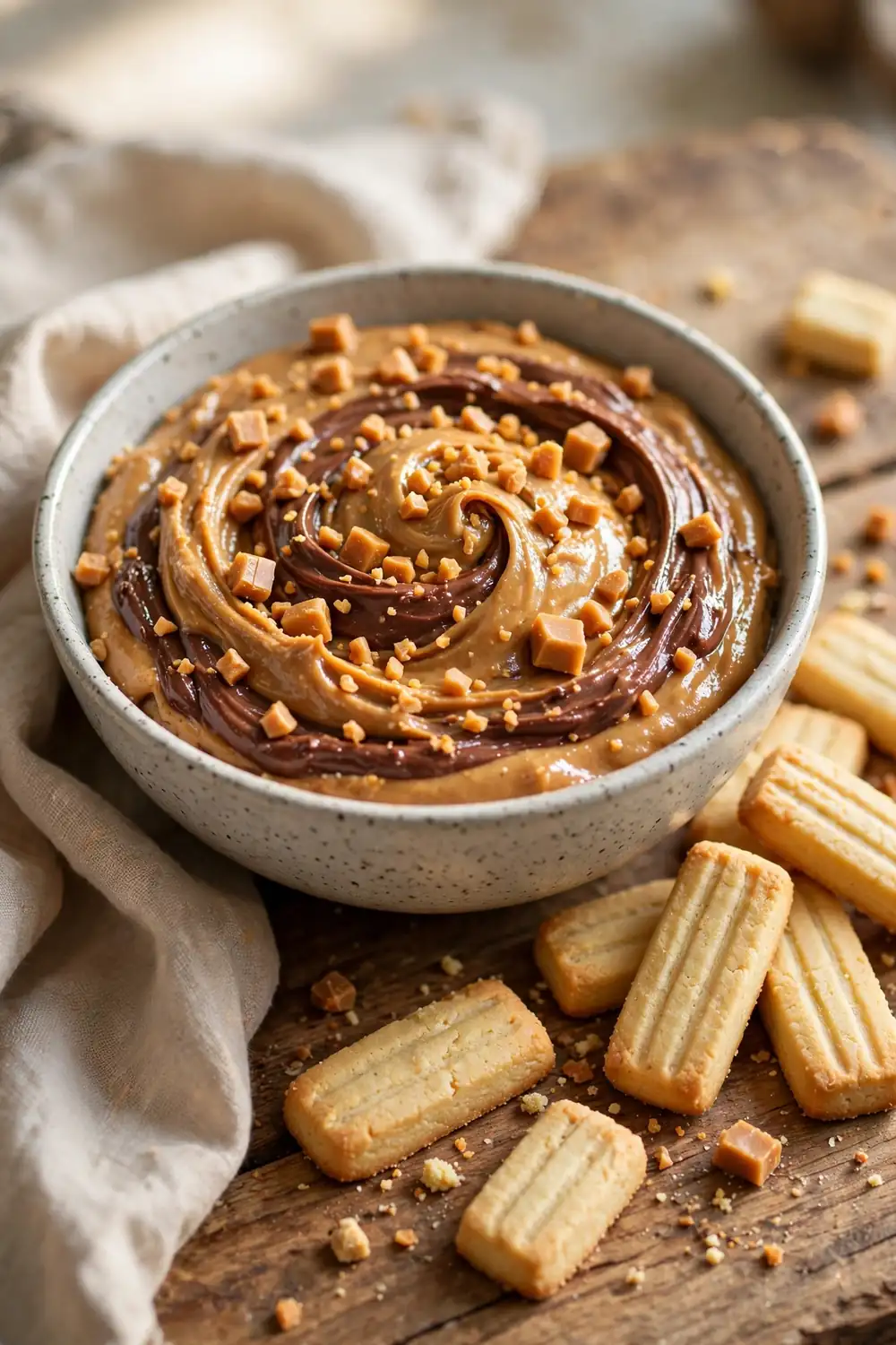 Peanut butter brownie batter scattered with golden toffee bits in a bowl