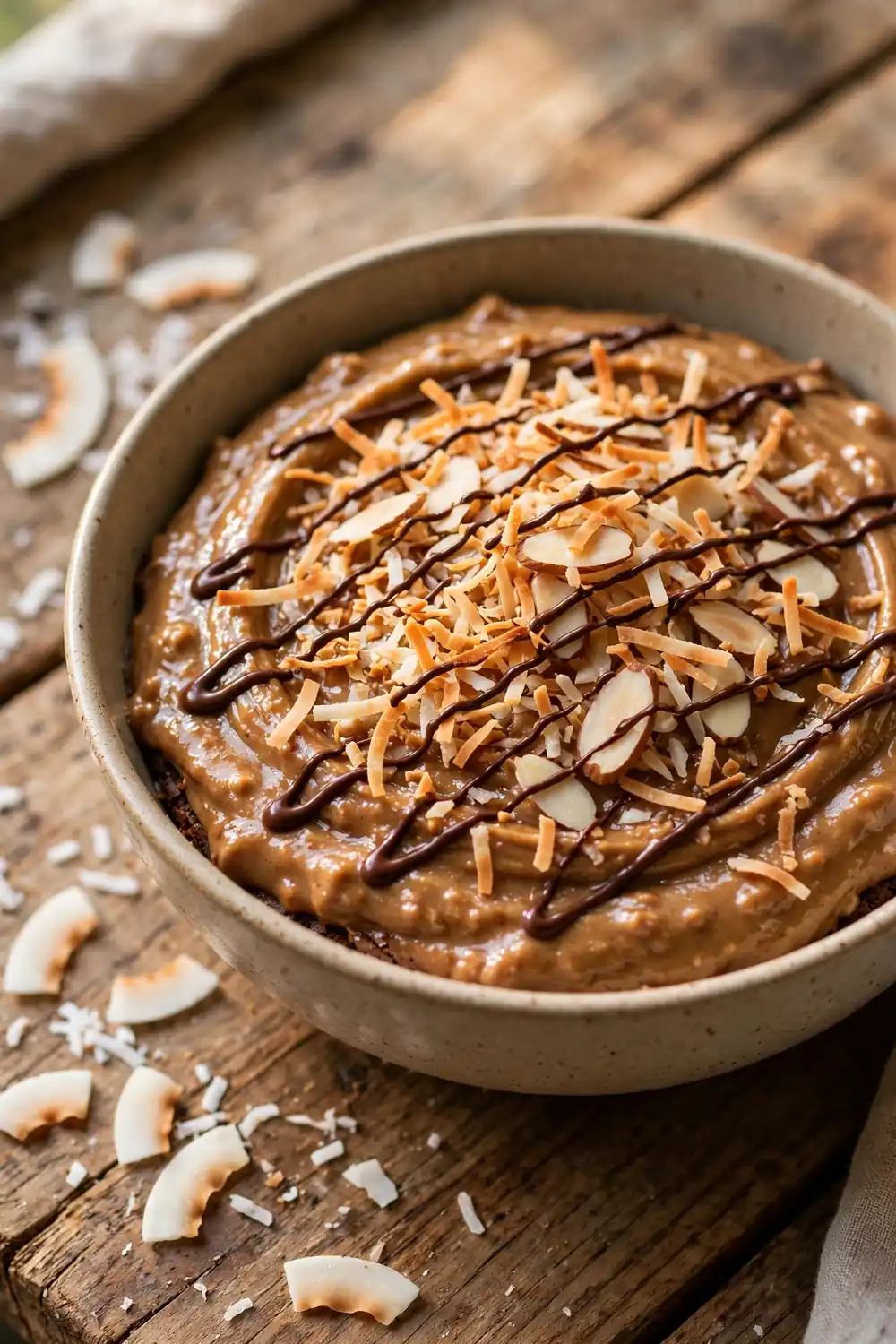 Peanut butter brownie batter with toasted coconut, sliced almonds, and chocolate drizzle
