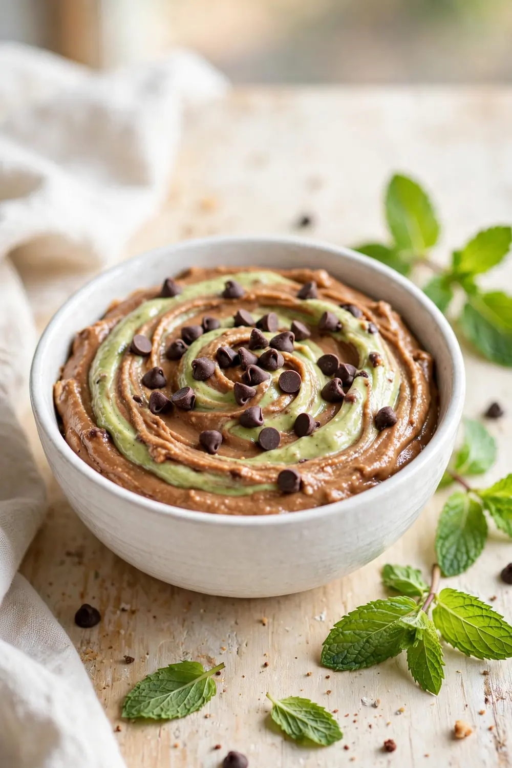 Peanut butter brownie batter with mint swirl and mini chocolate chips in a bowl