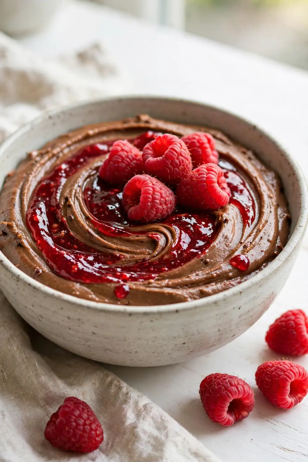 Peanut butter brownie batter with raspberry jam ripple and fresh raspberries on top