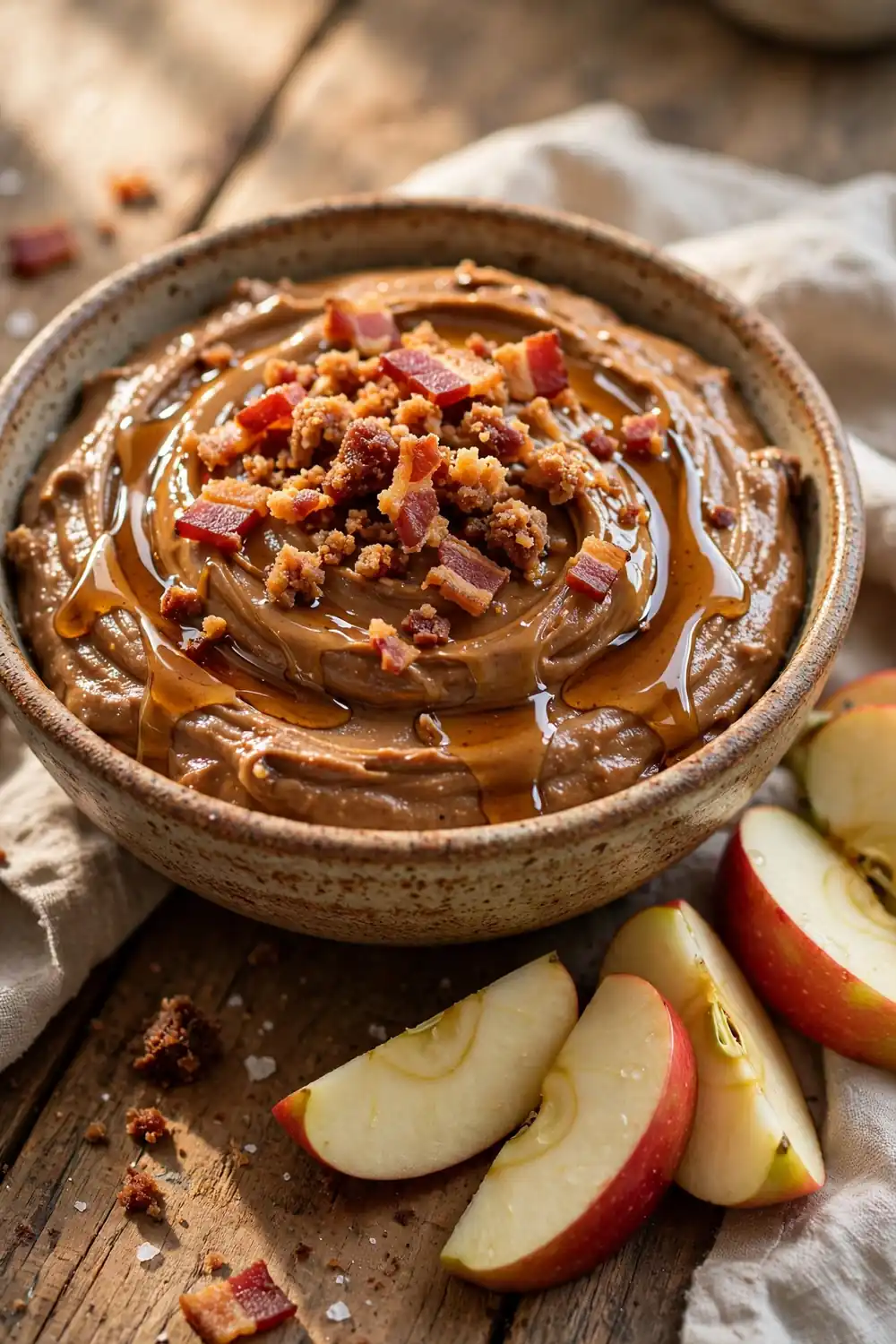 Peanut butter brownie batter with maple drizzle and crispy bacon crumble in a bowl