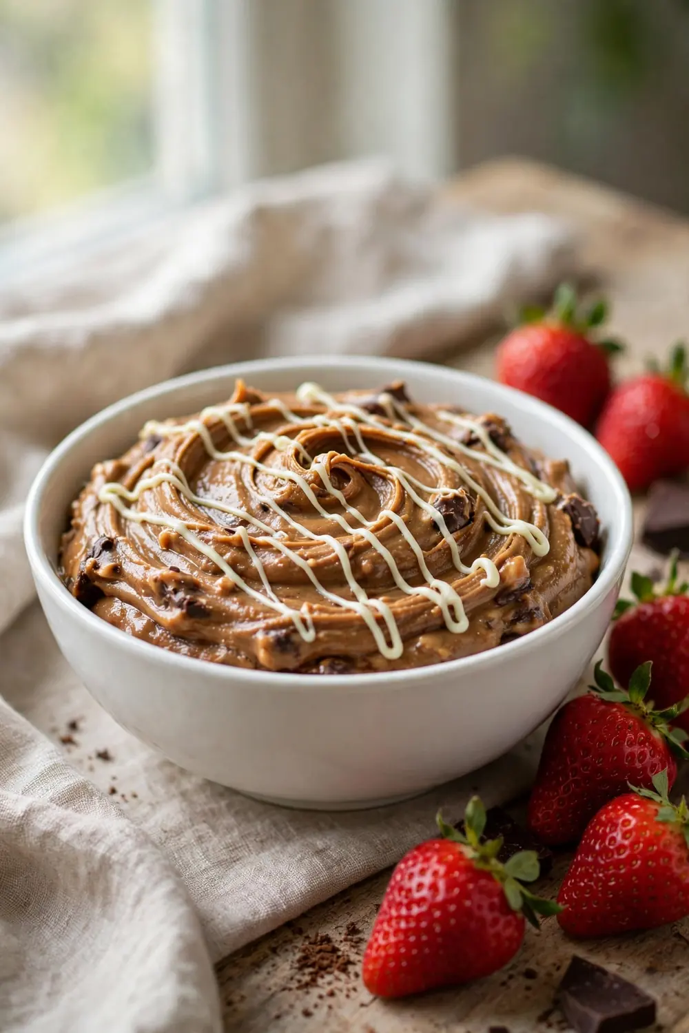 Peanut butter brownie batter with white chocolate drizzle zigzags and strawberries nearby