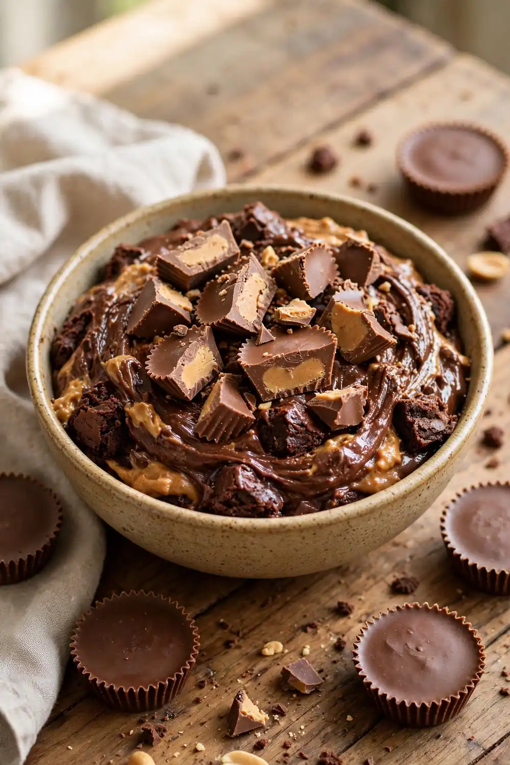 Peanut butter brownie batter topped with chopped peanut butter cups in a bowl