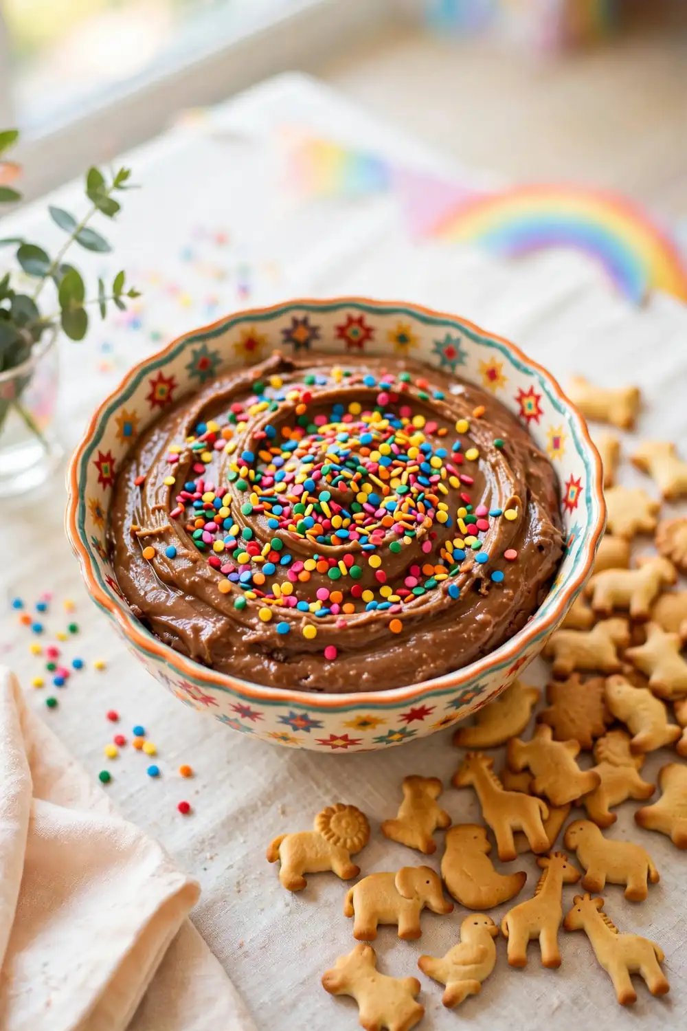 Peanut butter brownie batter covered with rainbow sprinkles in a party bowl