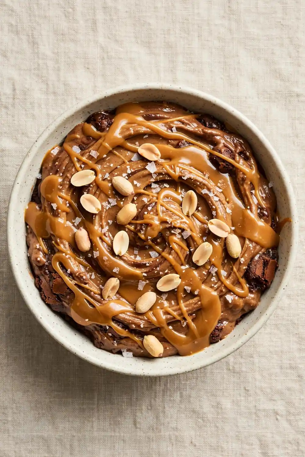 Peanut butter brownie batter with caramel drizzle, salted peanuts, and flaky salt