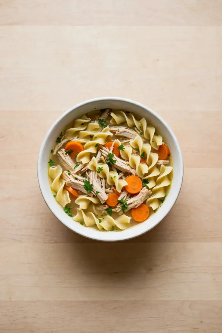 Bowl of hearty chicken soup with wide egg noodles and fresh parsley