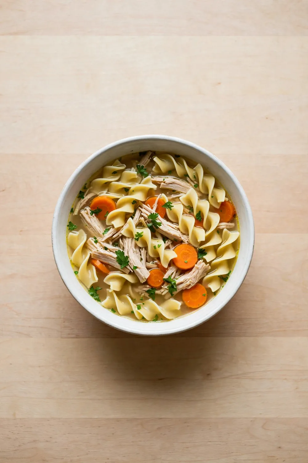 Bowl of hearty chicken soup with wide egg noodles and fresh parsley