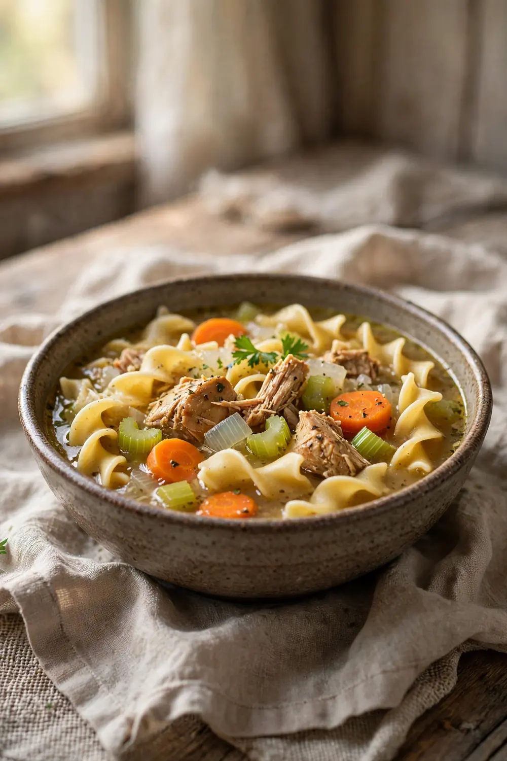 Rustic bowl of chicken soup with thick noodles carrots and celery