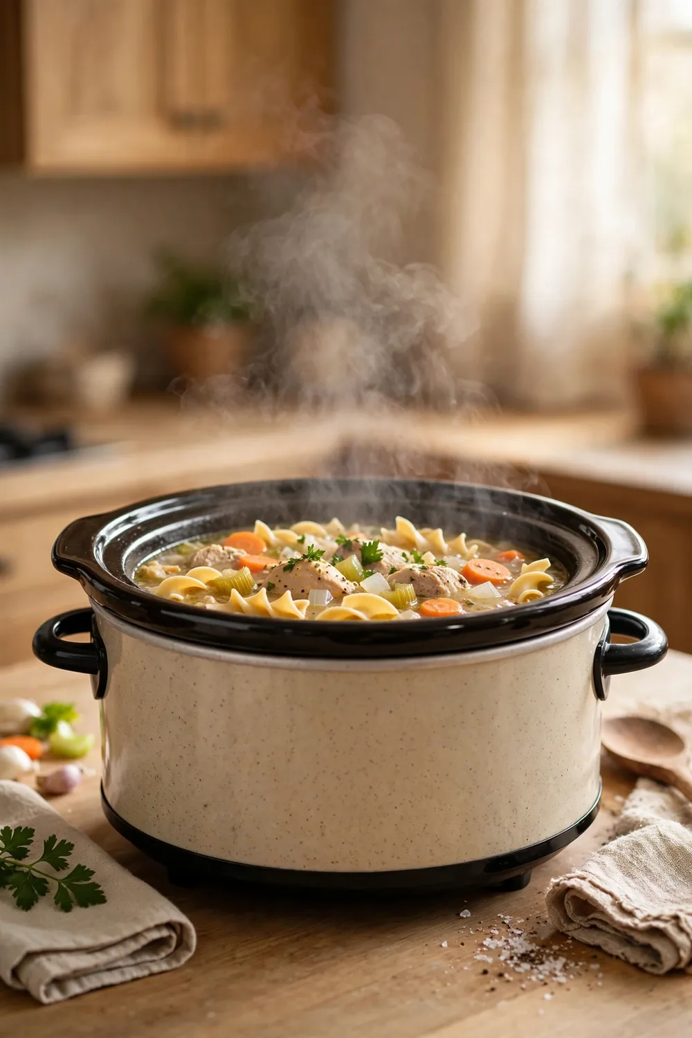 Slow cooker chicken soup with egg noodles steam rising in a cozy kitchen