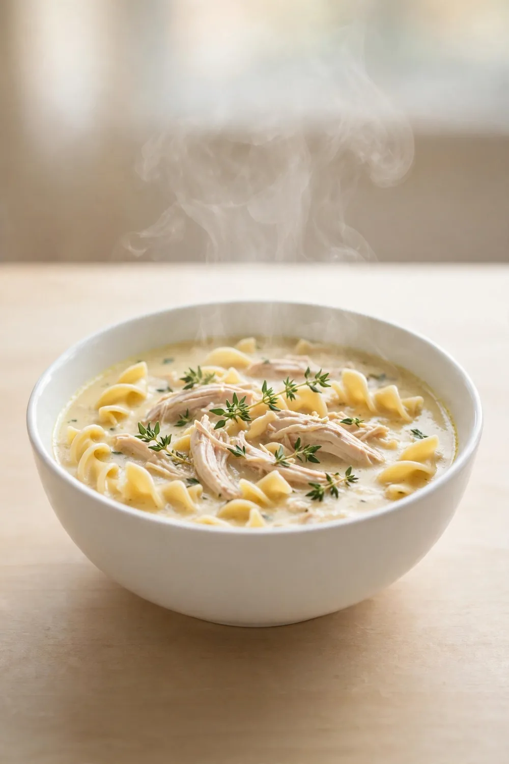 Creamy chicken soup with herbs and egg noodles in a white bowl