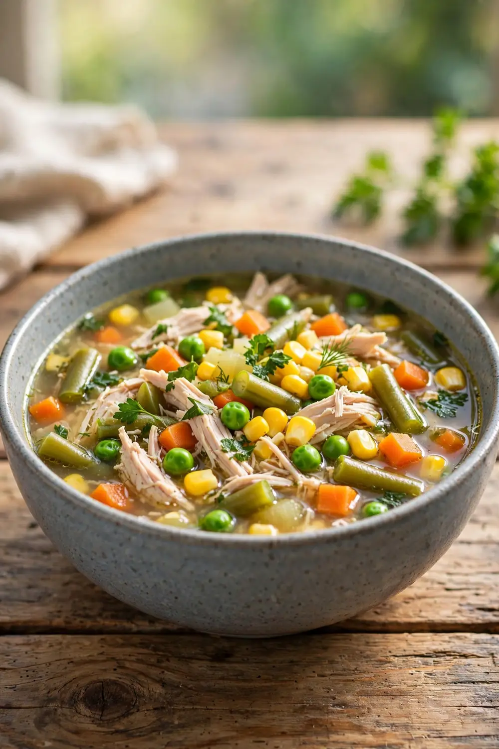 Chicken soup loaded with garden vegetables carrots peas and corn