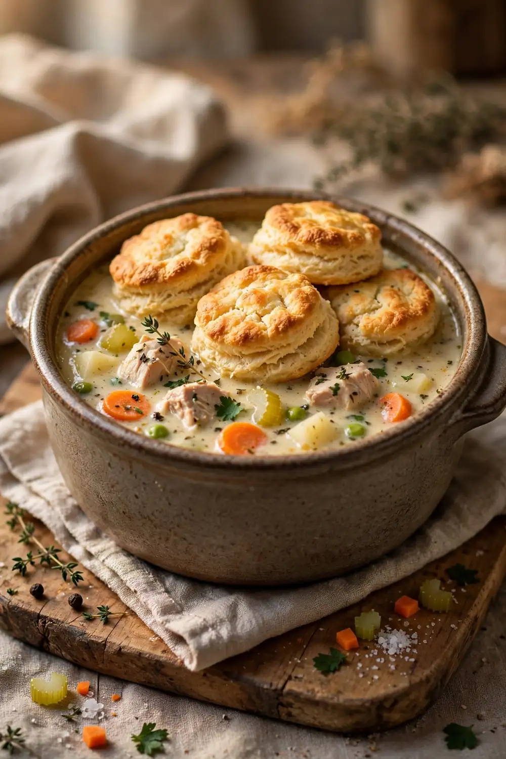 Chicken soup with flaky biscuit topping in a rustic pot