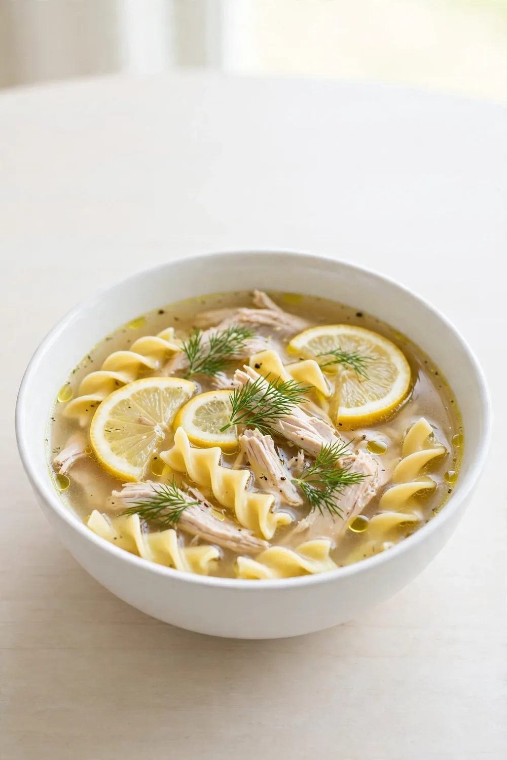 Bright chicken soup with lemon slices dill and egg noodles