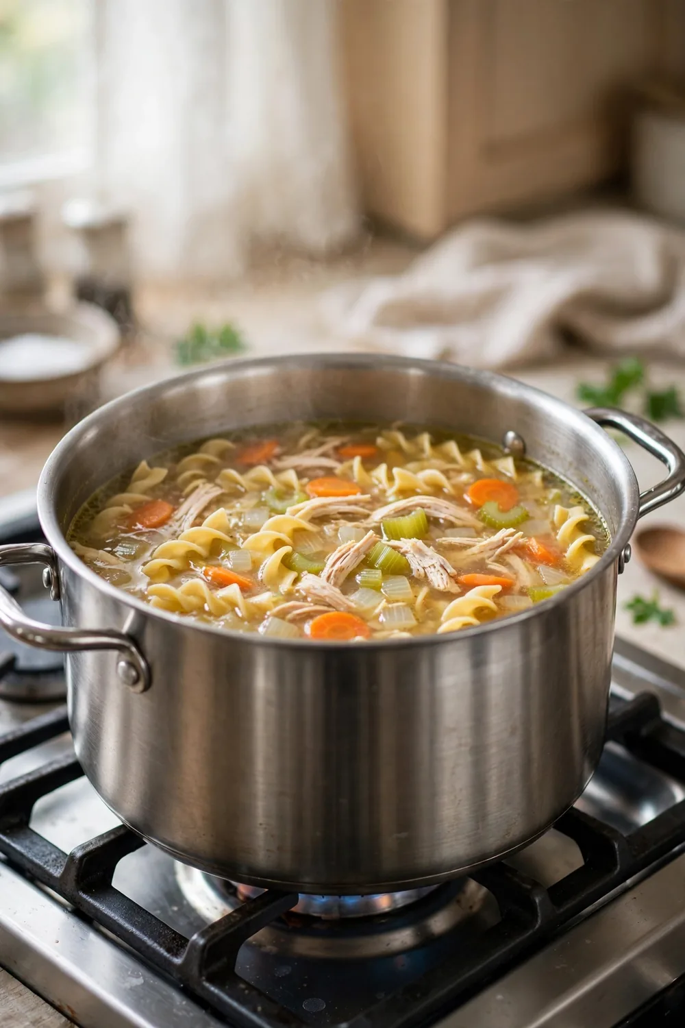One pot chicken soup simmering with noodles and vegetables