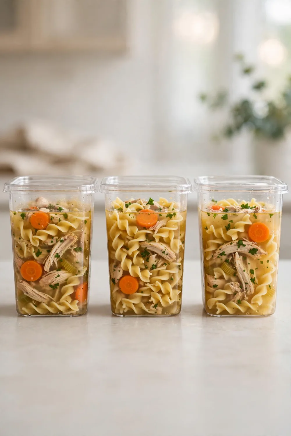 Freezer containers of chicken soup with noodles packed for later