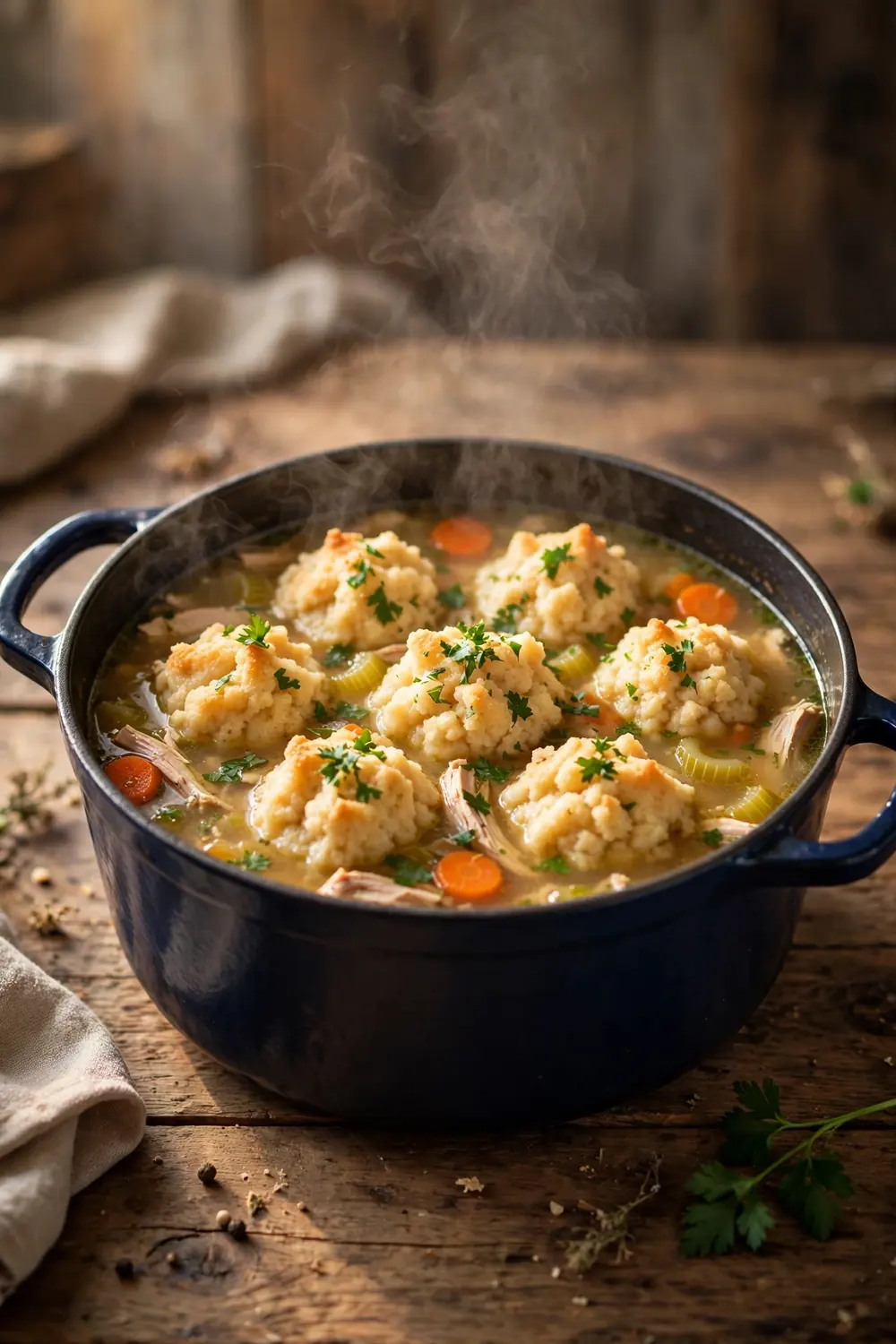 Chicken soup topped with fluffy drop dumplings and parsley