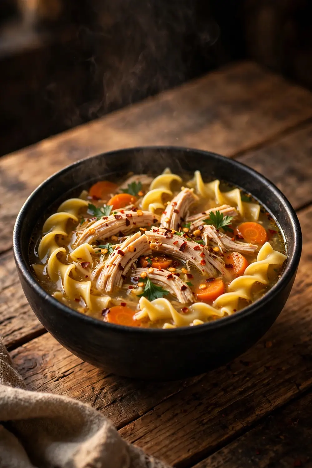 Spicy chicken soup with red pepper flakes and egg noodles