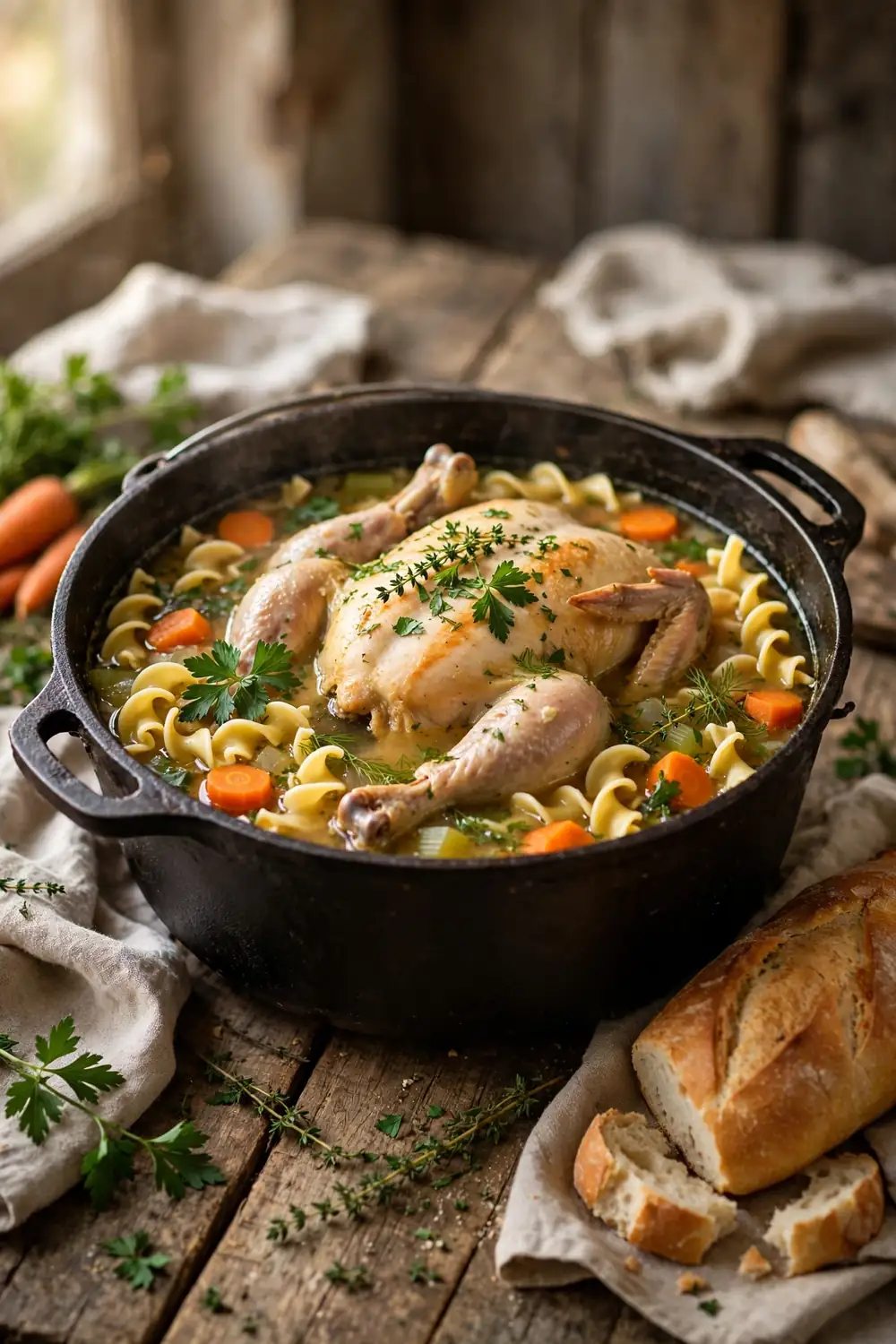 Rustic farmhouse chicken soup in a cast iron pot with bread