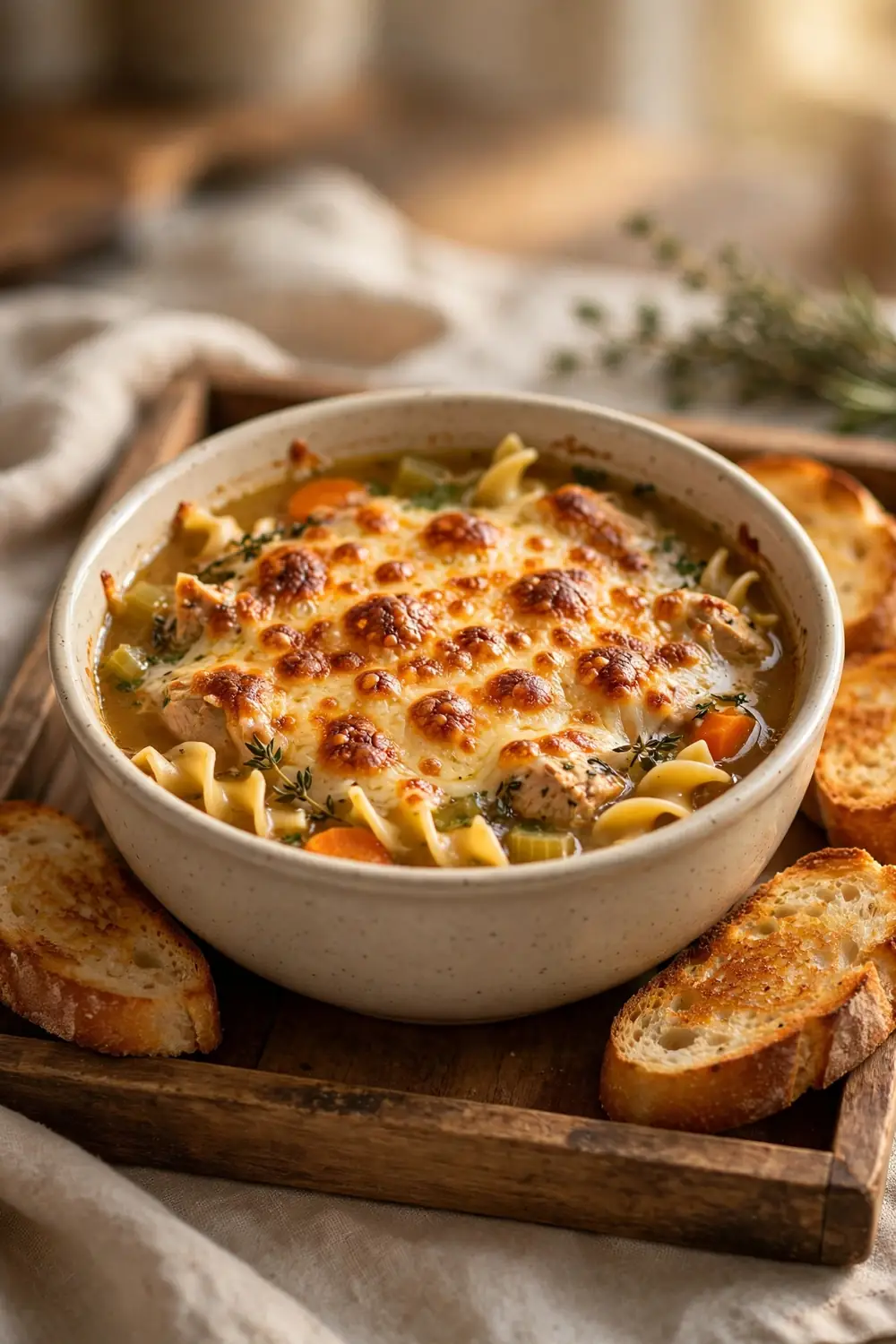 Chicken soup with melted cheese topping and toasted bread