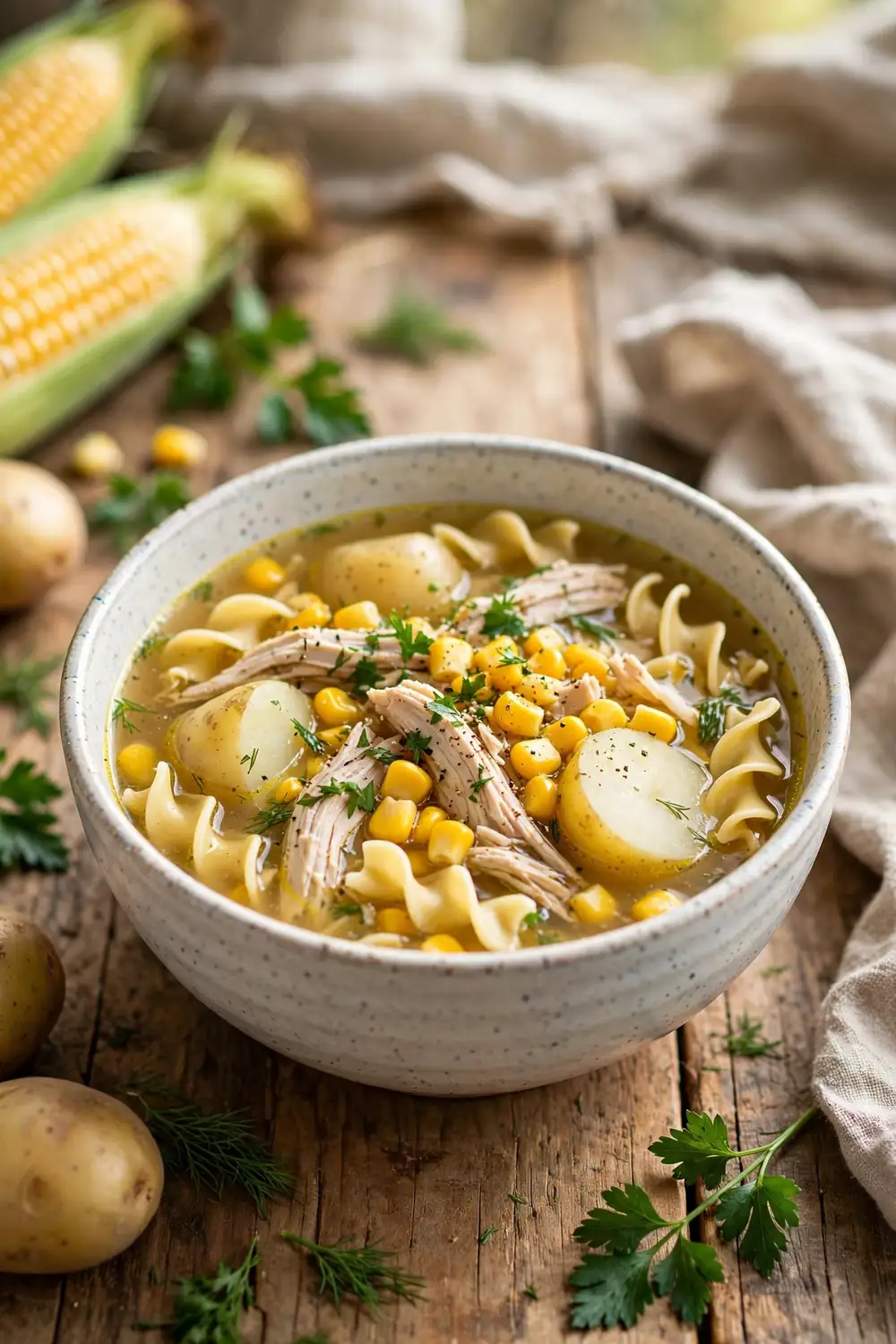 Chicken soup with sweet corn potatoes and egg noodles