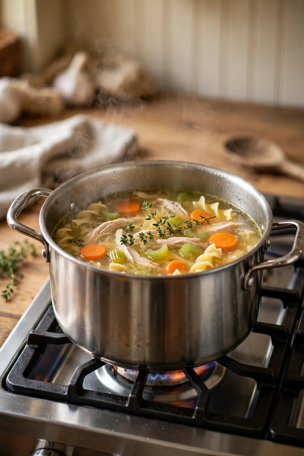 Chicken soup with fresh thyme sprigs simmering in a pot