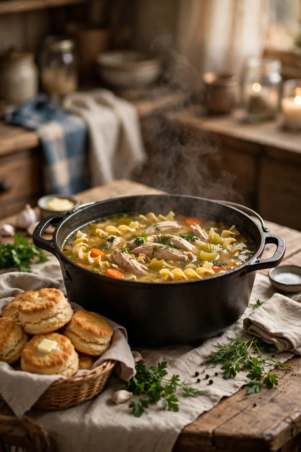 Sunday supper chicken soup served with biscuits at a family table