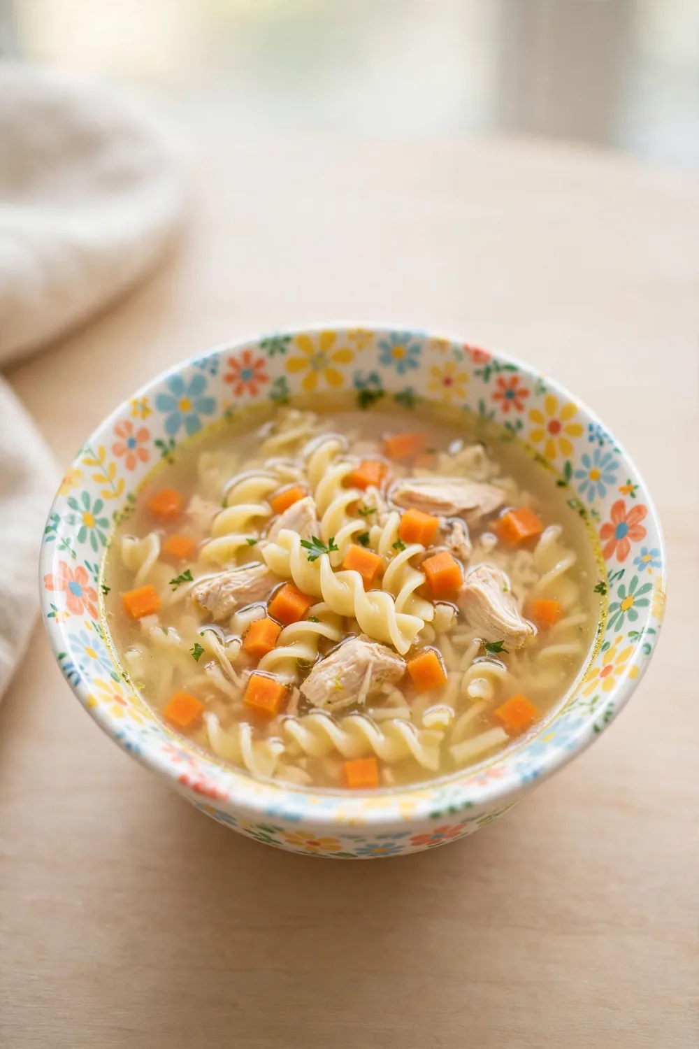 Kid friendly chicken soup with small noodles and mild broth