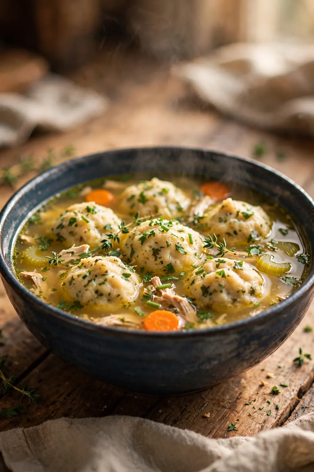 Chicken soup with herb dumplings parsley and chives