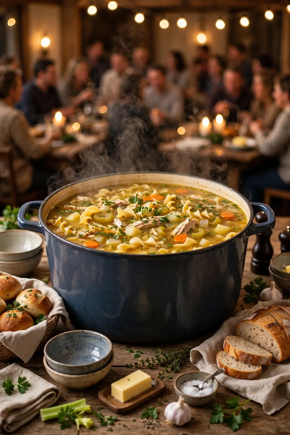 Large pot of chicken soup served for a crowd with bread
