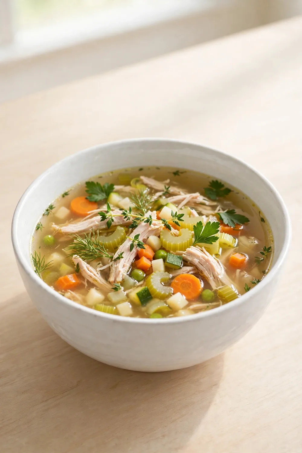 Light chicken soup with clear broth vegetables and herbs