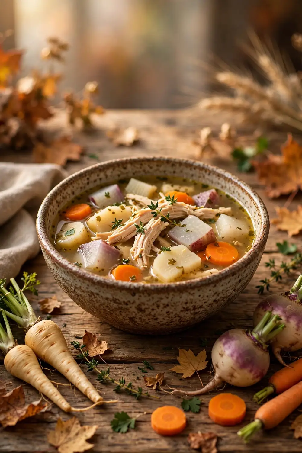 Chicken soup with root vegetables parsnips turnips and carrots
