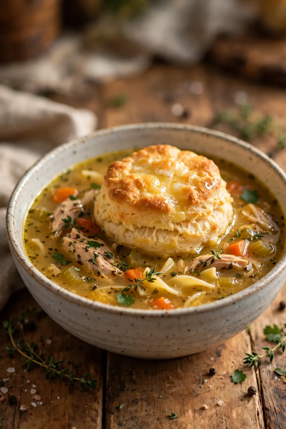 Chicken soup topped with a golden buttery biscuit