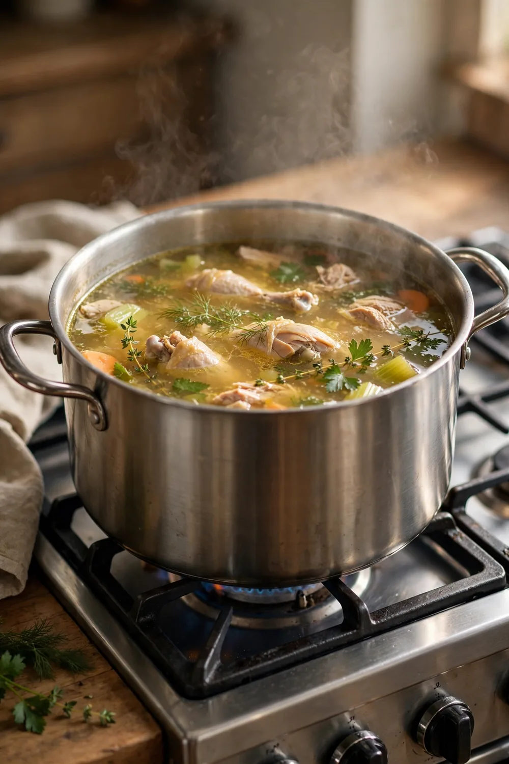 Golden chicken broth simmering with chicken and herbs in a stockpot