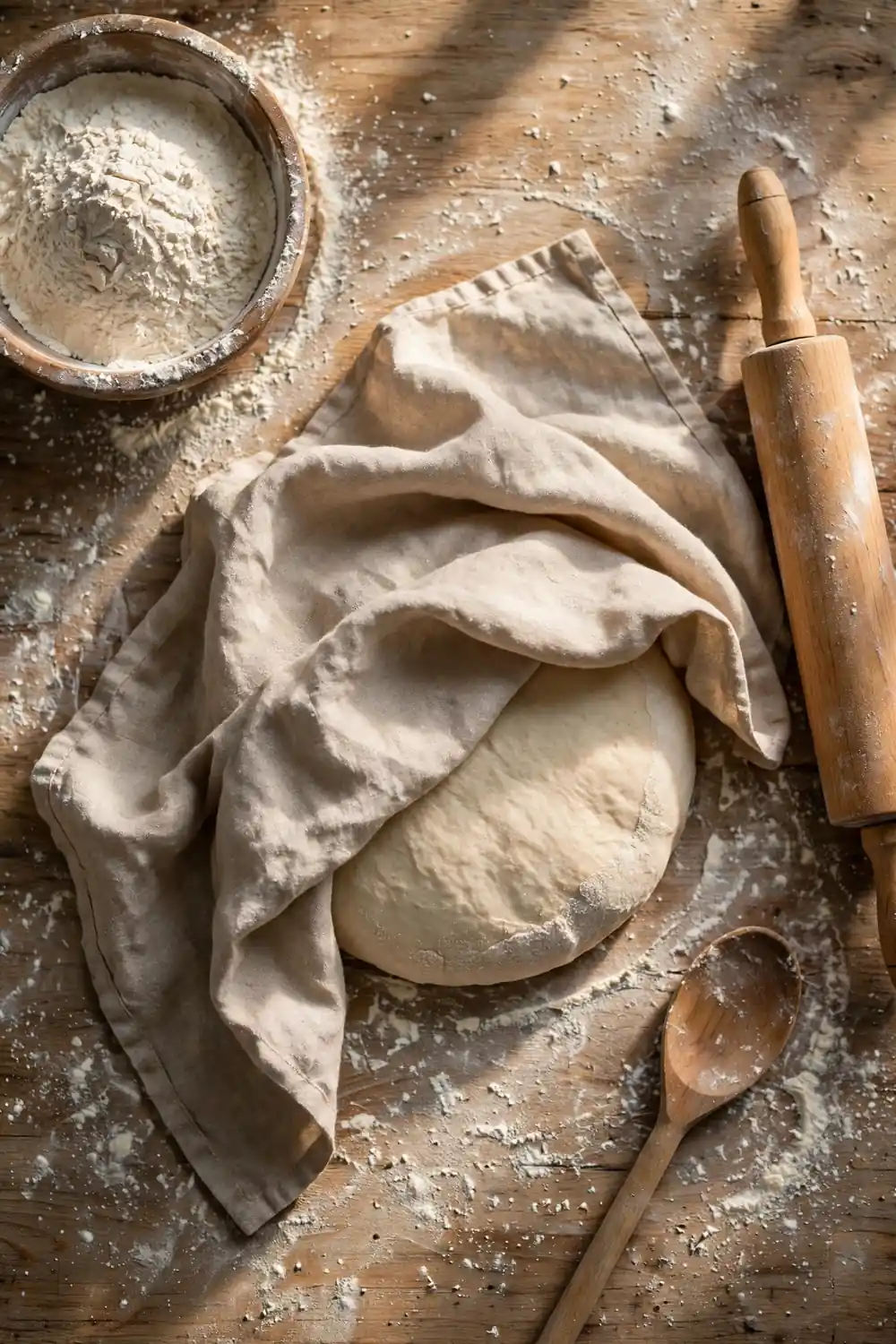 Pizza dough resting under a linen towel