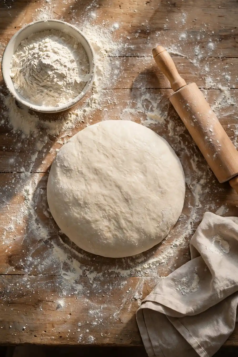 Pizza dough at room temperature on a table