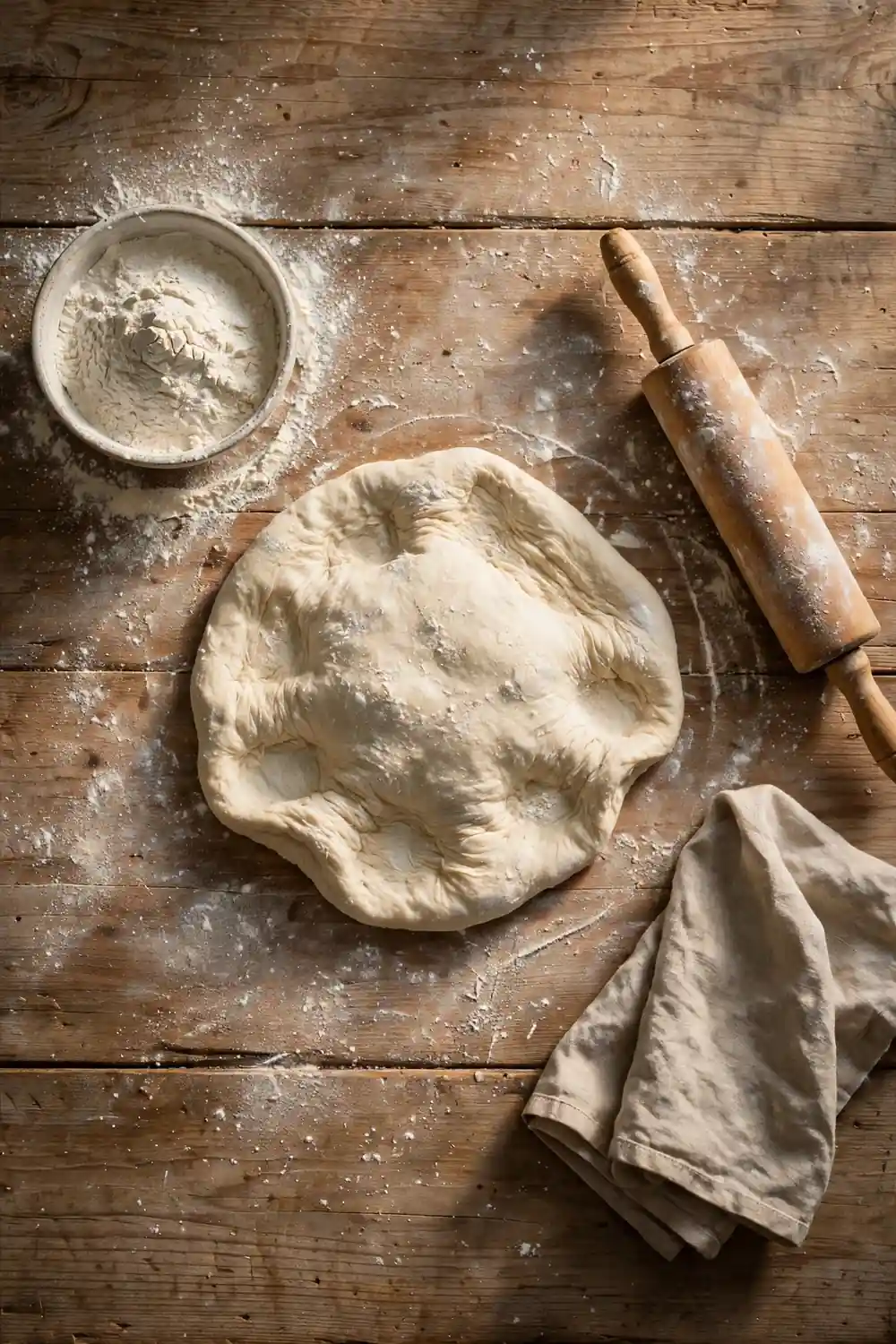 Pizza dough shaped with just a dusting of flour