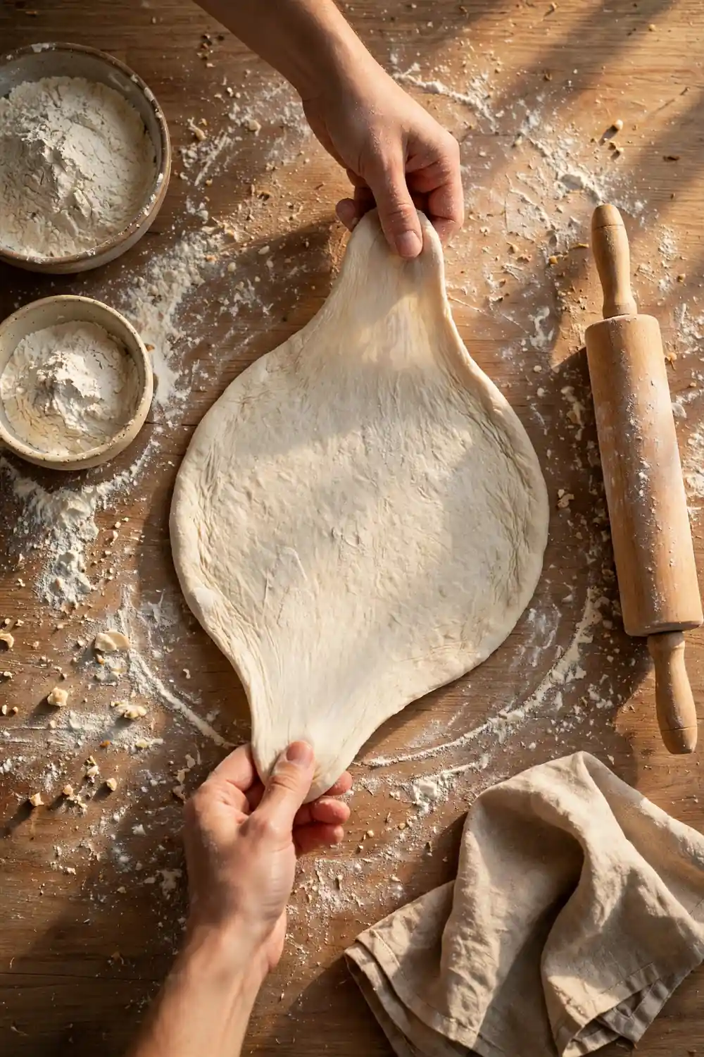 Hands stretching pizza dough on a table